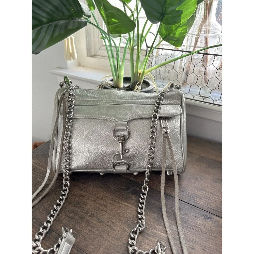Rebecca Minkoff MAC Mini Crossbody Silver Metallic Leather, Lock, Studs, Fringe